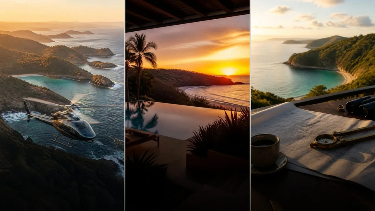 Un helicóptero sobre la costa de Guanacaste, una villa sobre el Pacífico e inversionistas contemplando el terreno