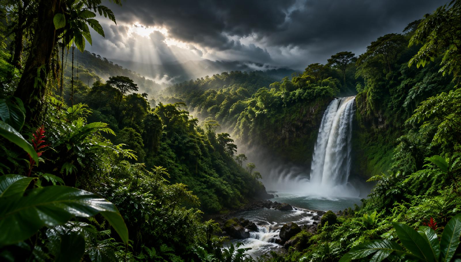 Dramatic green-season skies over a Costa Rican rainforest waterfall
