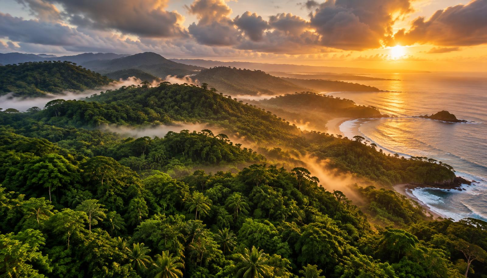 Lush Costa Rican rainforest meeting the Pacific coast at golden hour