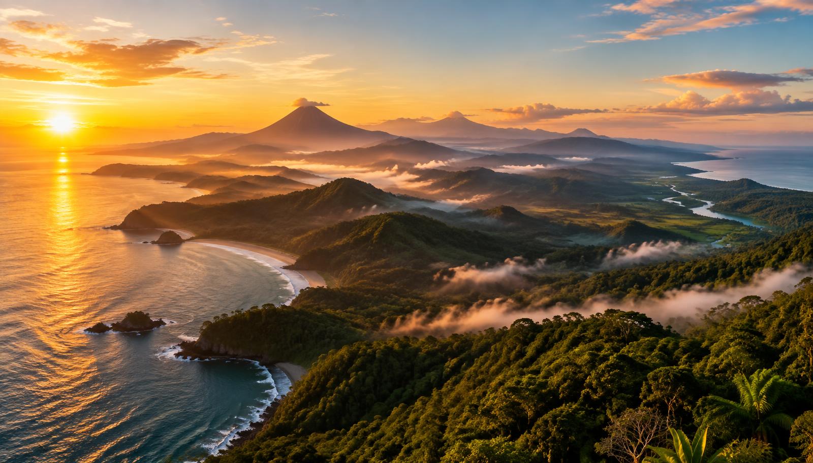 Costa Rica at dawn — coastline, misty mountains and volcanoes