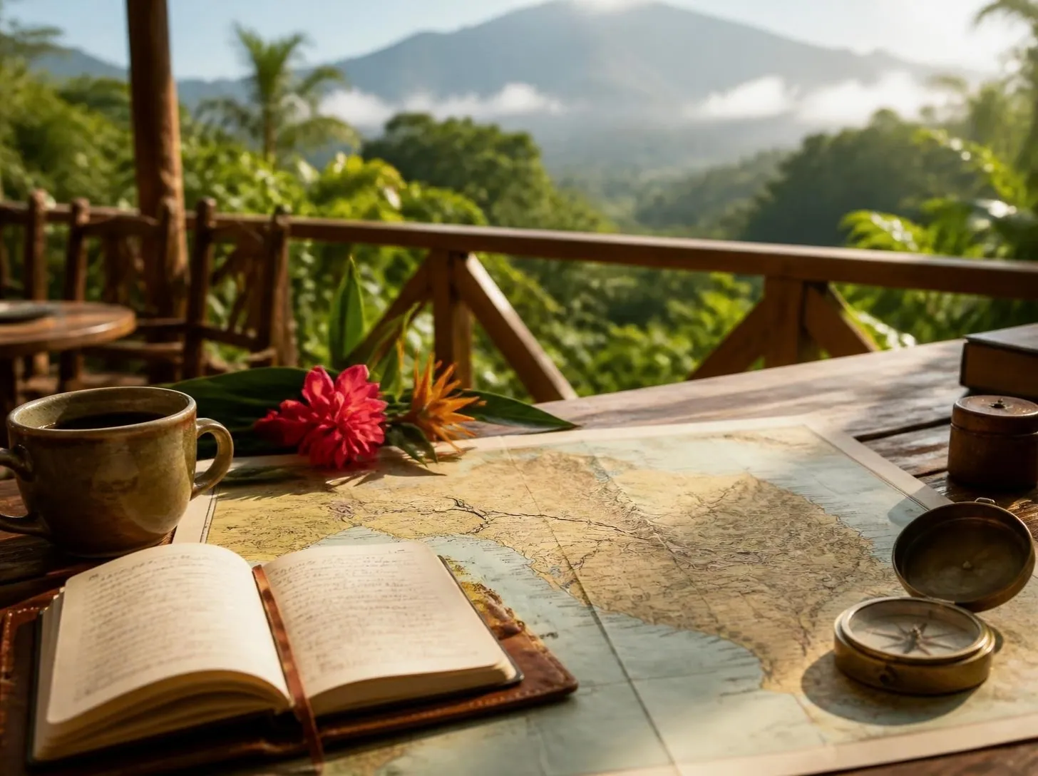 A paper map, an open notebook and coffee on a veranda table, rainforest and mountains behind
